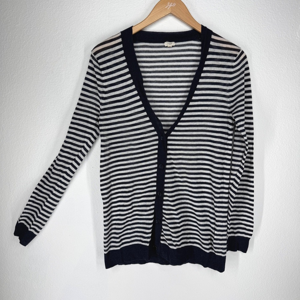 J Crew Navy White Striped Cotton Gauze Cardigan Sweater Medium Preppy Coastal